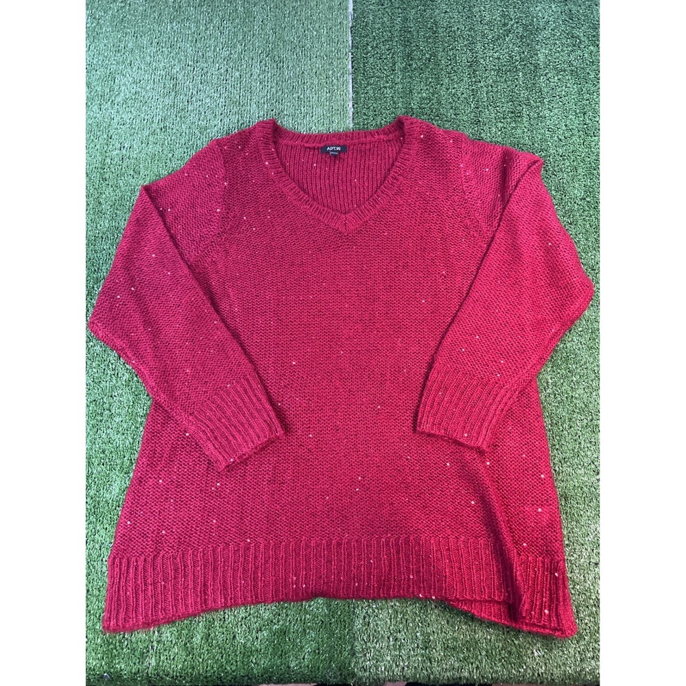 APT 9 Women's‎ Red Sparkle V Neck Sweater 3/4 Sleeve Knit Top 1X